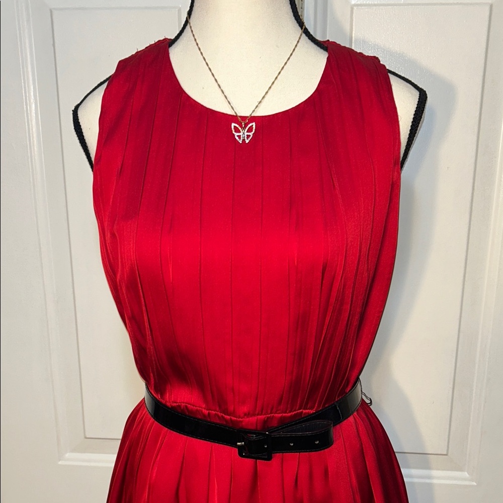 Jennifer Lopez Scarlet Pleated Midi Dress With Belt